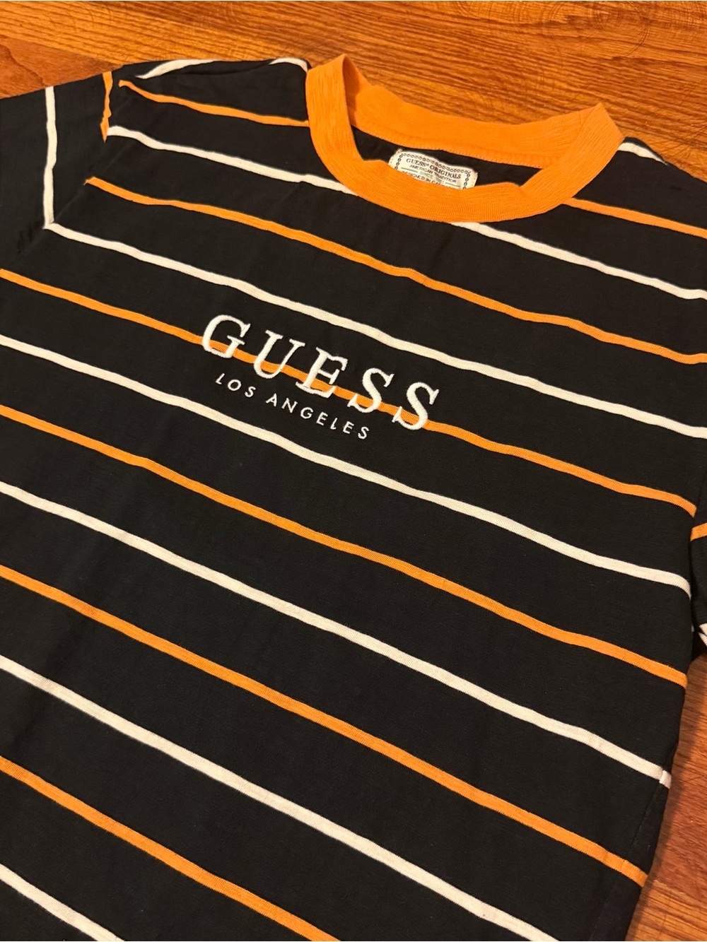 GUESS Orange & Black Striped T-Shirt Small - Picture 3 of 4